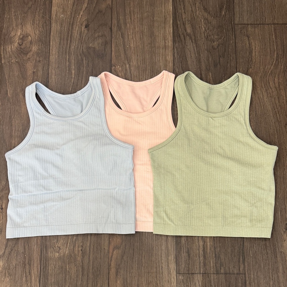 Lululemon | Set of 3 Ebb to Street Cropped Tank Top - Blue, Pink, Green